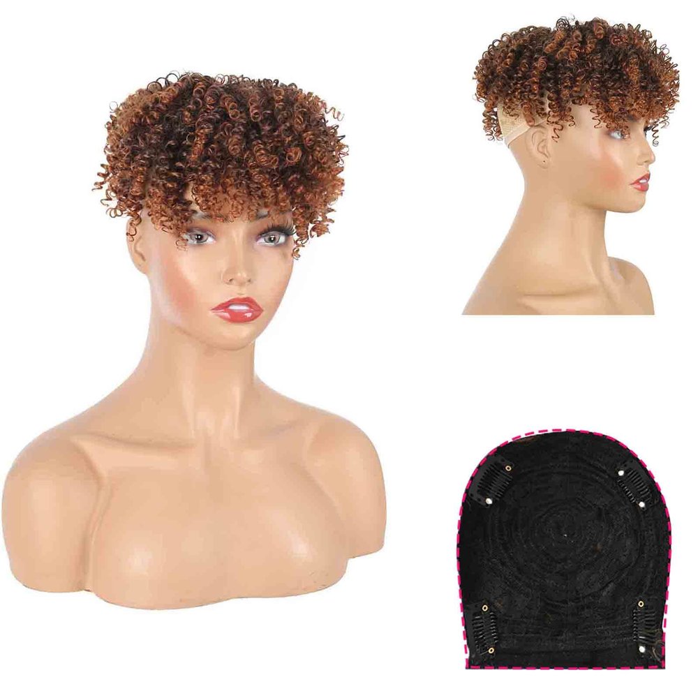Afro Kinky Curly Toppers for Women - Synthetic Ombre Brown Top Hair Pieces Clip on With Bangs, Convertible Toupee & Tooper for Thinning Hair, Short Curly, 30#