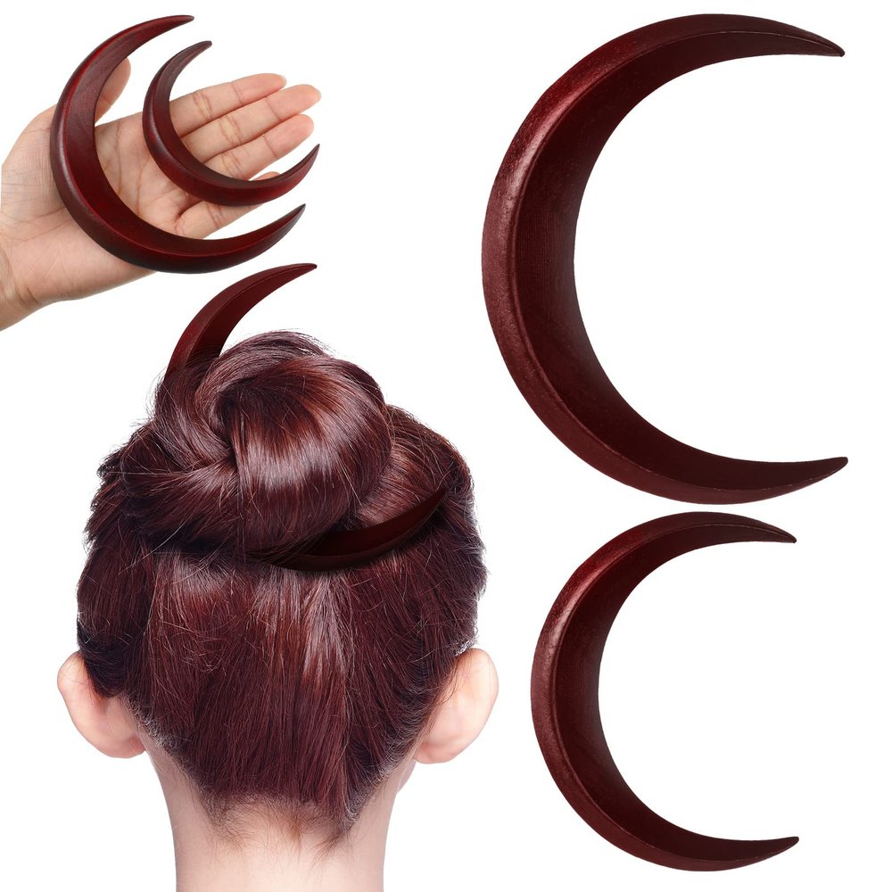 Hand Carved Crescent Moon Hair Accessories for Styling - 2 Wooden Hairpins and Hair Sticks for Women, 2 Sizes (Red)