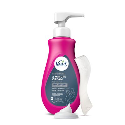 Veet Professional 2 Minute Cream for All Skin Types with Shea Butter, Full Bikini & Pubic Hair Removal, Dermatologically Tested, 13.5 FL OZ Bottle w/Spatula