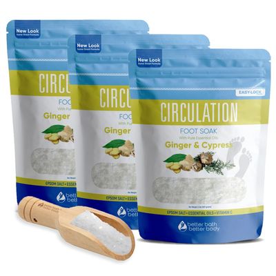 Circulation Foot Soak (3-Pack with Scoop) Foot Soaking Epsom Salts with Pure Essential Oils in BPA Free Pouch with Press-Lock Seal Made in USA, Three 2-Lbs Pouches 6-Lbs Total