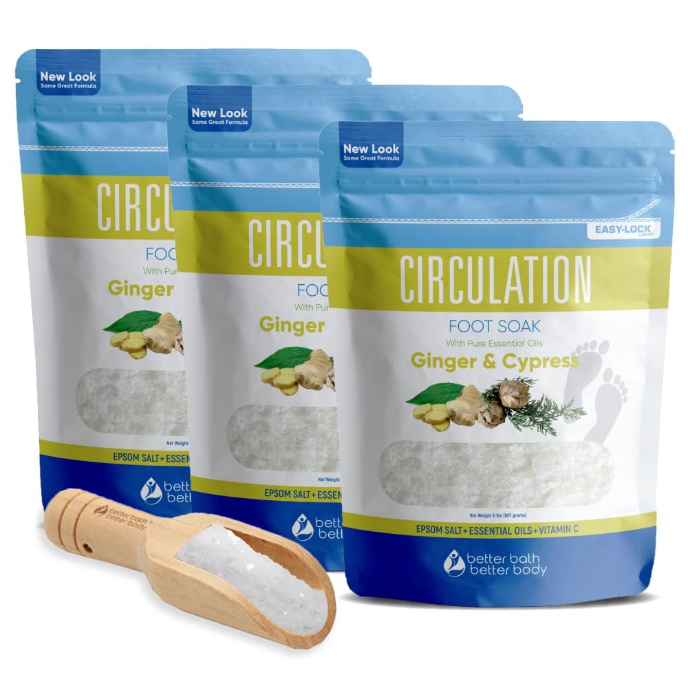 Circulation Foot Soak (3-Pack with Scoop) Foot Soaking Epsom Salts with Pure Essential Oils in BPA Free Pouch with Press-Lock Seal Made in USA, Three 2-Lbs Pouches 6-Lbs Total