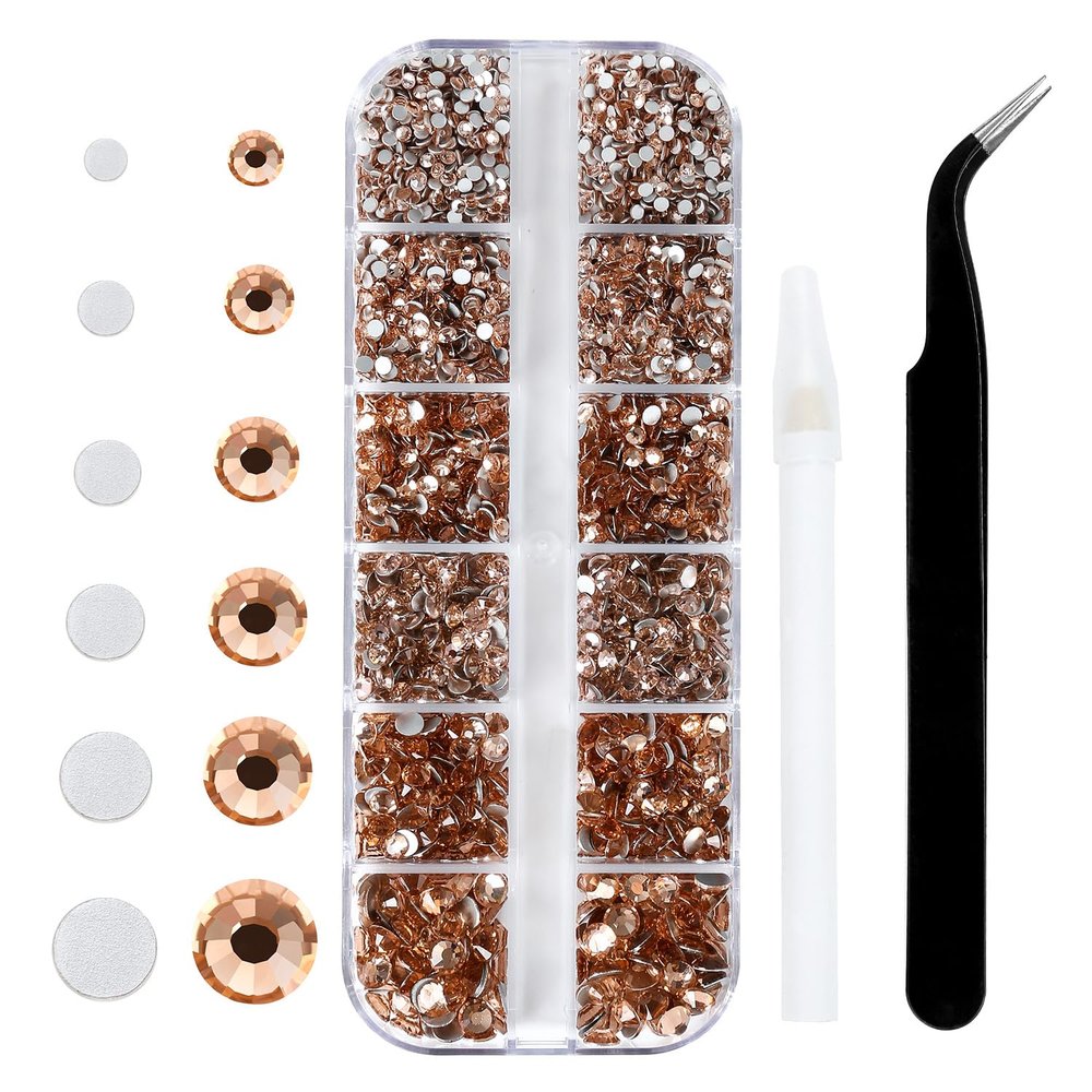 4240Pcs Champagne Flatback Rhinestones 6 Sizes Crystal Diamonds for Nail Art Crafts Clothes Shoes with Tweezers and Picking Pen