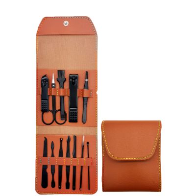Nail Clipper Set, 12PCS Manicure Set Fingernail Clippers Kit Black Stainless Steel Pedicure and Manicure Kit with Brown PU Leather Case