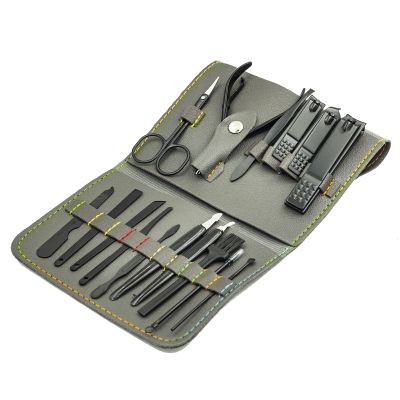 Nail Clipper Set, 16PCS Manicure Set Fingernail Clippers Kit Black Stainless Steel Pedicure and Manicure Kit with Grey PU Leather Case