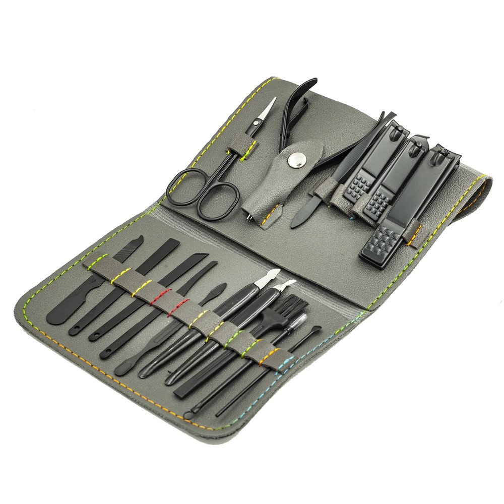 Nail Clipper Set, 16PCS Manicure Set Fingernail Clippers Kit Black Stainless Steel Pedicure and Manicure Kit with Grey PU Leather Case
