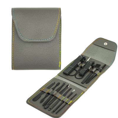Nail Clipper Set, 12PCS Manicure Set Fingernail Clippers Kit Black Stainless Steel Pedicure and Manicure Kit with Grey PU Leather Case
