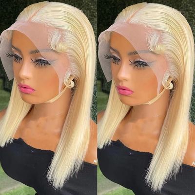 13x4 613 Blonde Straight HD Transparent Lace Front Human Hair Short Bob Wig for Women Pre Plucked Brzilian Remy Hair With Baby Hair Glueless Natural Hairline Bleached Knots 150% Density 10 Inch