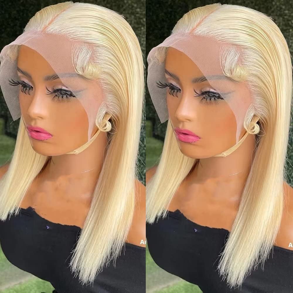 13x4 613 Blonde Straight HD Transparent Lace Front Human Hair Short Bob Wig for Women Pre Plucked Brzilian Remy Hair With Baby Hair Glueless Natural Hairline Bleached Knots 150% Density 10 Inch