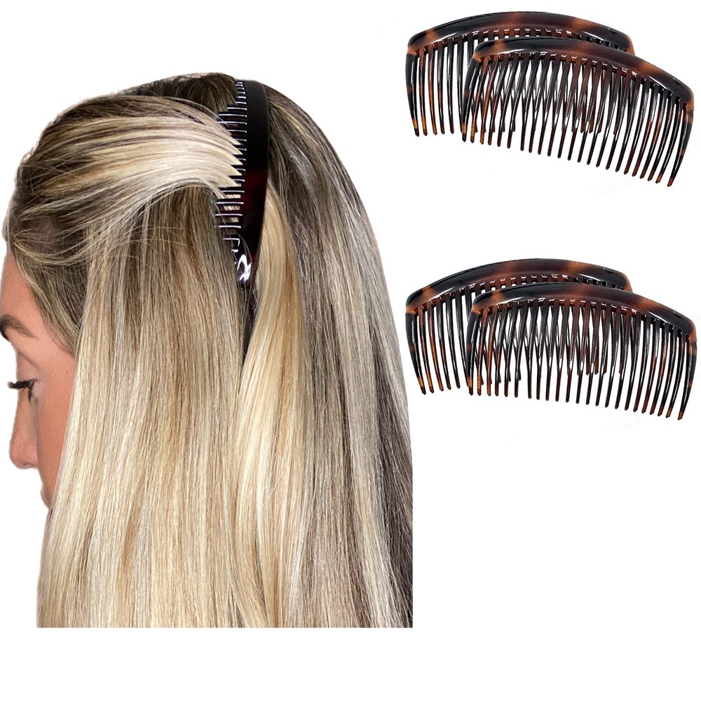 Camila Paris French Side Combs Large 4 Piece Curved Tortoise Shell French Twist Hair Combs Decorative, Strong Hold Hair Clips for Women Bun Chignon Up-Do, Styling Girls Hair Accessories Made in France