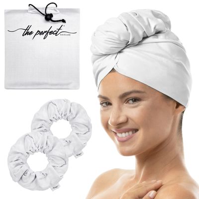 THE PERFECT HAIRCARE Microfiber Hair Towel Wrap + 2 Smooth Large Hair Drying Tie for Wet Hair - Anti-Frizz, Gentle, Absorbent Hair Scrunchies or Face Washing Wristband