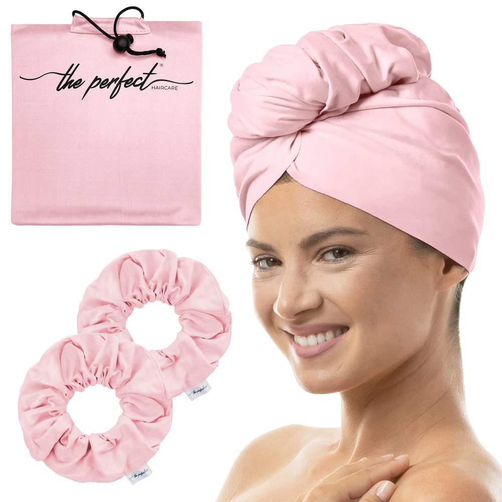 THE PERFECT HAIRCARE Microfiber Hair Towel Wrap + 2 Smooth Large Hair Drying Tie for Wet Hair - Anti-Frizz, Gentle, Super Absorbent Hair Scrunchies for Women - Also Use as a Face Washing Wristband