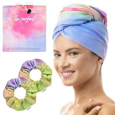 THE PERFECT HAIRCARE Microfiber Hair Towel Wrap + 2 Smooth Large Hair Drying Tie for Wet Hair - Anti-Frizz, Gentle, Super Absorbent Hair Scrunchies for Women - Also Use as a Face Washing Wristband