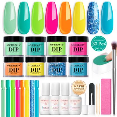 AZUREBEAUTY Dip Nails Powder Starter Kit, Hot Pink Neon Yellow Pastel Blue Green 8 Spring Summer Colors with Nail Sticks, Base Glossy Matte Top Coat Activator Liquid Set Manicure Art 30 PCS