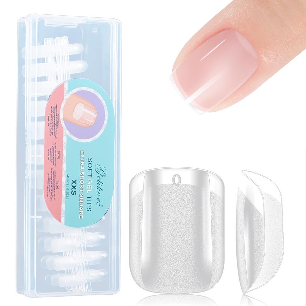 Gelike EC Extra Short Soft Gel Nail Tips Kit for Soak Off Nail Extensions,Full Cover,Square Shaped,Pre-buff PMMA Resin,Clear Ultra-Thin Design,12 Sizes,240 Pieces