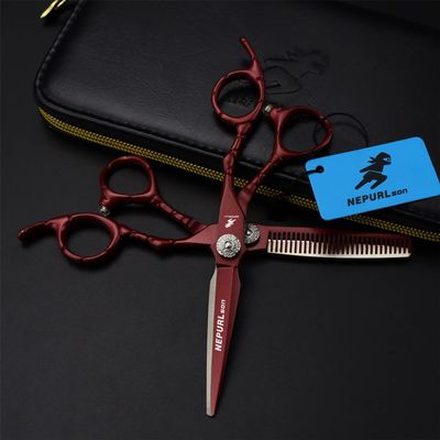 6.0" Professional Japan 440C Hair Cutting Shears, Hair Cutting Scissors Set, Barber Scissors, for Barber Or Home Use, Plus Bonus Faux Leather Case(Red)