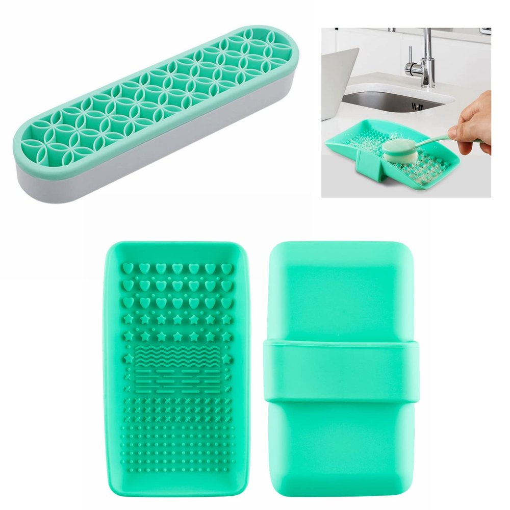 Portable Textured Brush Cleaner Cleansing Palette Silicone Mat with Brush Holder Set Washing Tool Brush Scrubber for Removing Oil & Impurities from Brush Bristles,Mess Free, Cruelty Free,Green