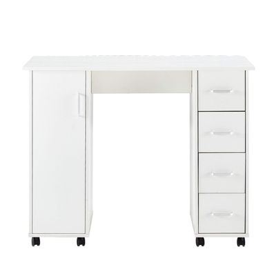Goujxcy Manicure Nail Desk for Technician, Wooden Salon Spa Nail Table Station w/Cabinet, Drawers, Controllable Wheels (White)