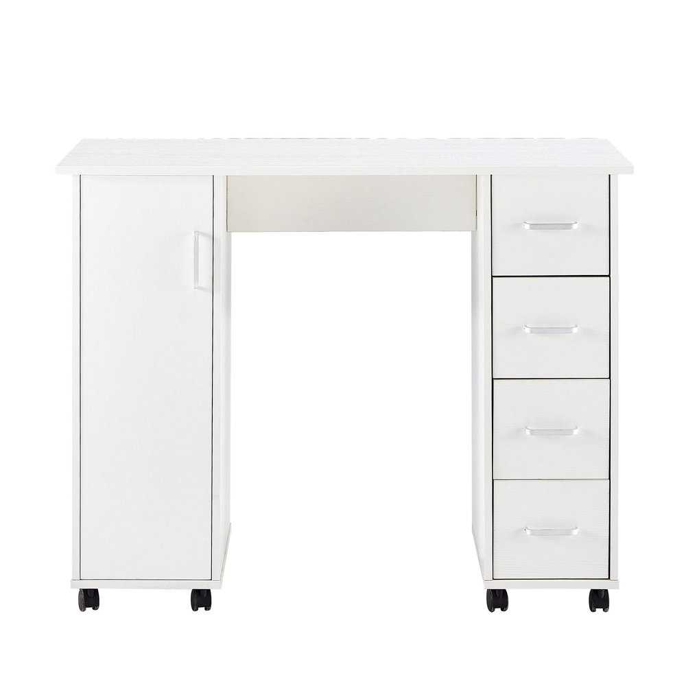 Goujxcy Manicure Nail Desk for Technician, Wooden Salon Spa Nail Table Station w/Cabinet, Drawers, Controllable Wheels (White)