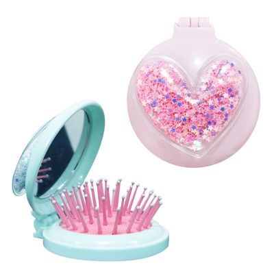2 Pack Folding Travel Mini Hair Brushes with Mirror for Women and Girls, Pocket Hair Comb Round Wet BrushThrough Tangles With Ease For All Hair Types