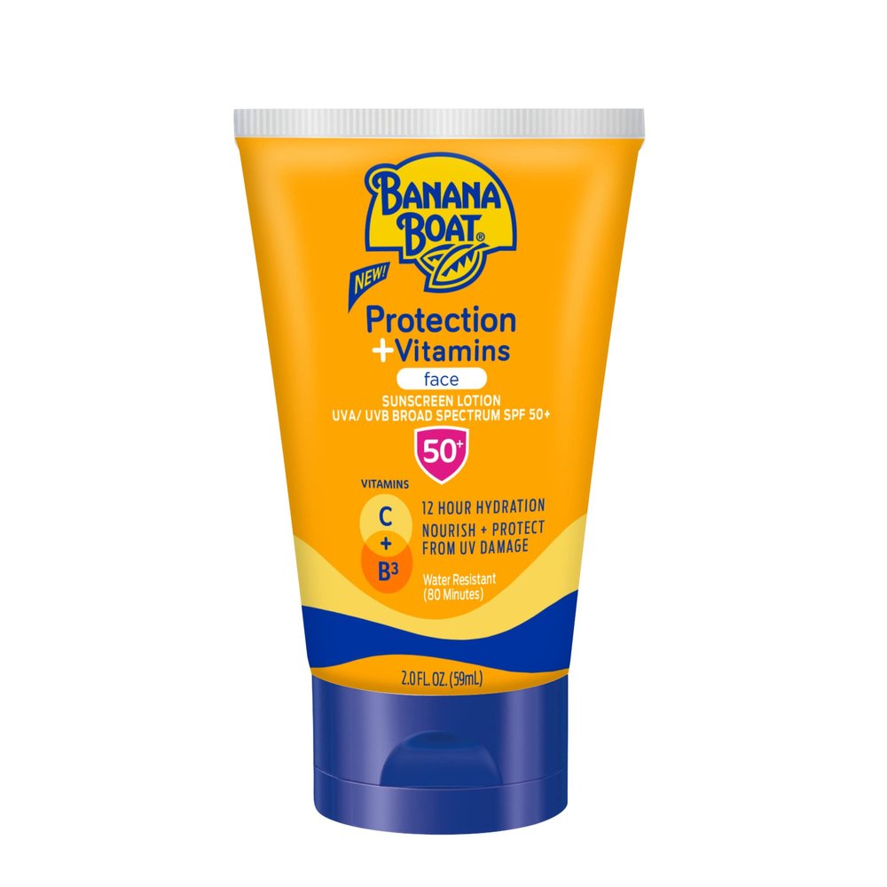 Banana Boat Protection + Vitamins Face Sunscreen Lotion SPF 50 | Travel Size Sunscreen for Face, Moisturizing with Vitamin C & Vitamin B3 Niacinamide, SPF 50 Sunblock Lotion, Fragrance Free, 2Fl Oz