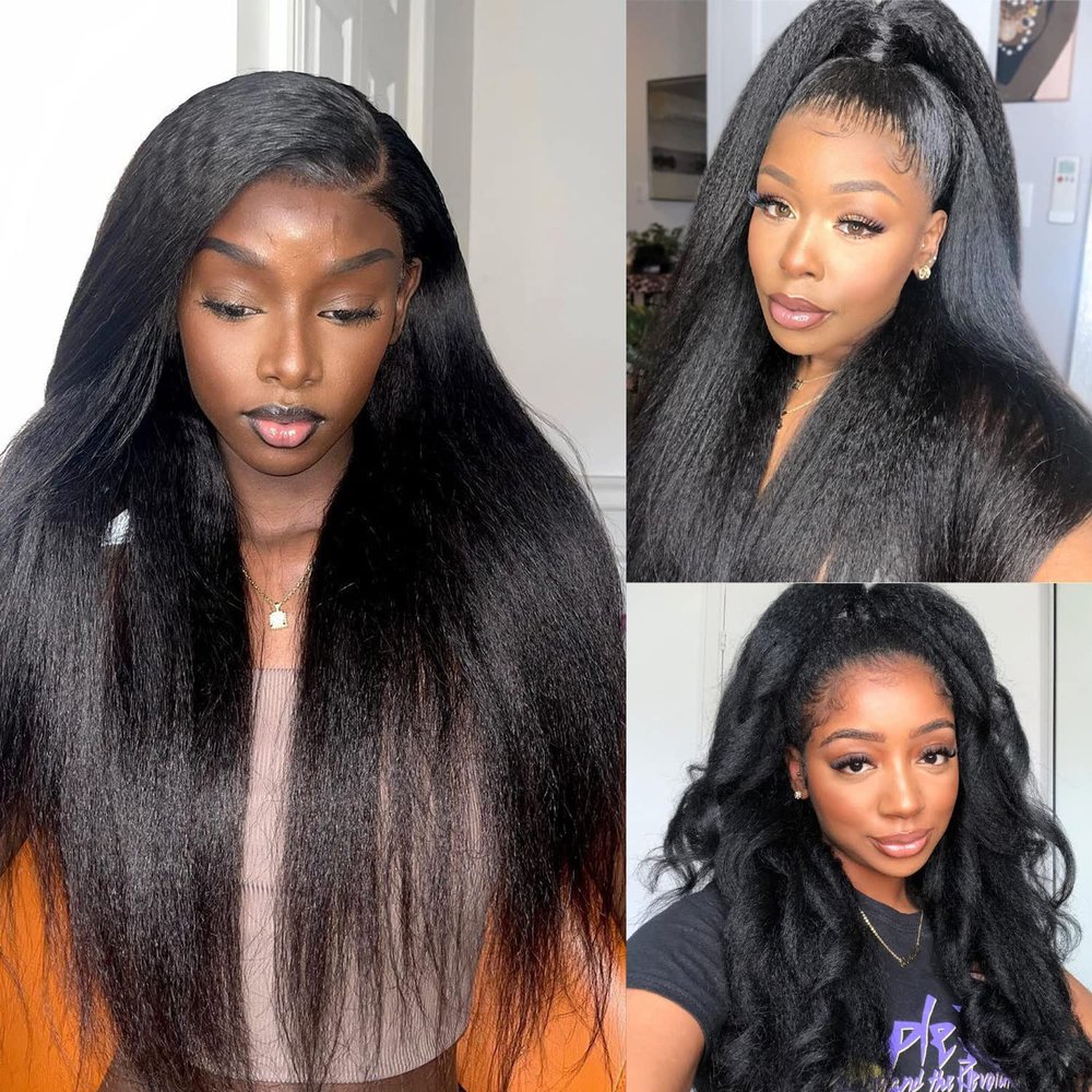 13X4 Kinky Straight Lace Front Wigs Human Hair for Women,26 inch Glueless Kinky Straight Human Hair Wig Pre Plucked HairLine with Baby Hair,180% Density Yaki Straight Lace Wigs Natural Black Color