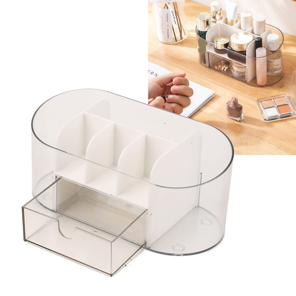 7.5 x 3.5 x 3.3in Makeup Organizer with Drawers, Transparent ABS Cosmetic Storage Box for Brushes Jewelry Perfume - Desktop Organizer for Bedroom Bathroom School (White)