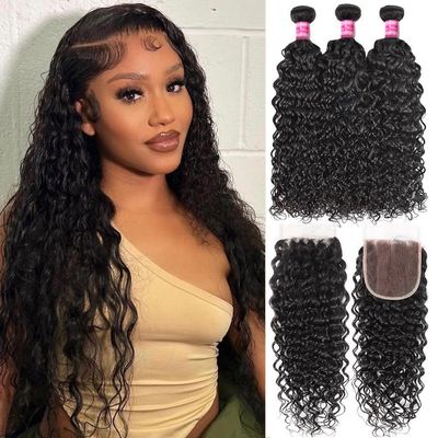 10A Brazilian Human Hair Water Wave Bundles with Closure (14 16 18 +12) Unprocessed Virgin Human Hair Extensions Wet and Wavy Hair 3 Bundles with 4x4 Lace Closure Deep Curly Wave Bundles Human Hair