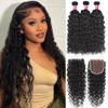 10A Brazilian Human Hair Water Wave Bundles with Closure (14 16 18 +12) Unprocessed Virgin Human Hair Extensions Wet and Wavy Hair 3 Bundles with 4x4 Lace Closure Deep Curly Wave Bundles Human Hair view 1