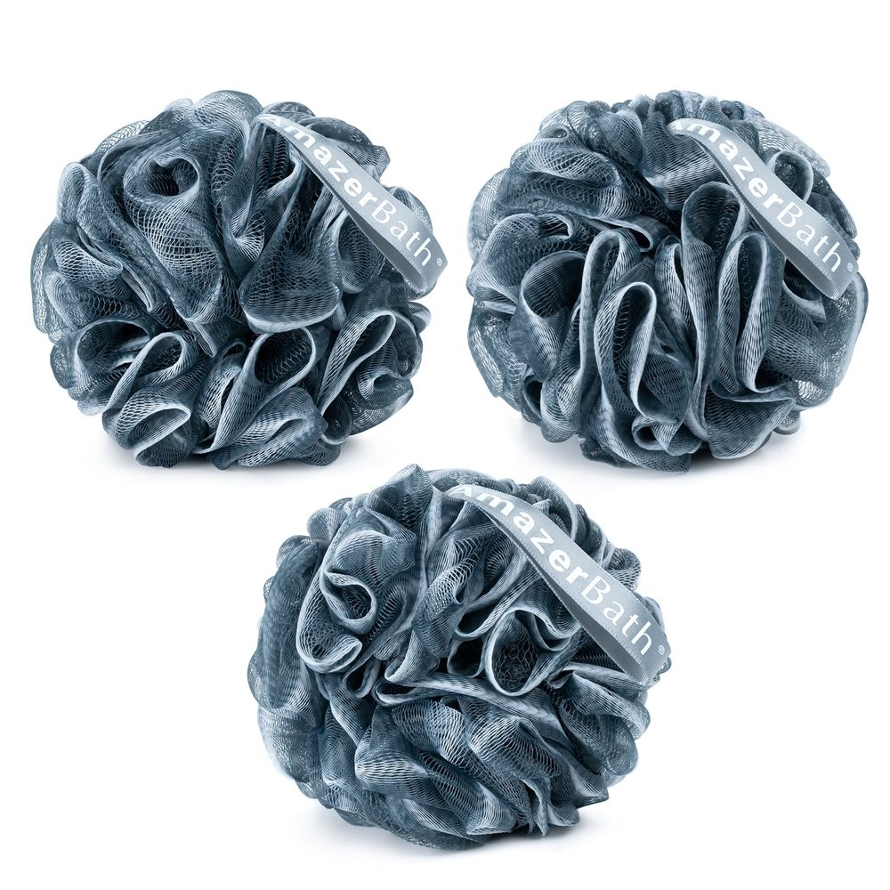 AmazerBath Loofah Sponge, Shower Loofah for Men and Women - Body Scrubber Loofa Set of 3 Indigo & White Edge, Bath Sponge 60g/PCS