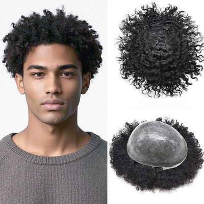 Afro Curly Toupee Hair Units for Black Men Brazilian Virgin Human Hair Pieces Full PU African American Afro Mens Toupee Hair System Man Weave Unit Black Men 8x10 1B# OFF BLACK-10mm wave