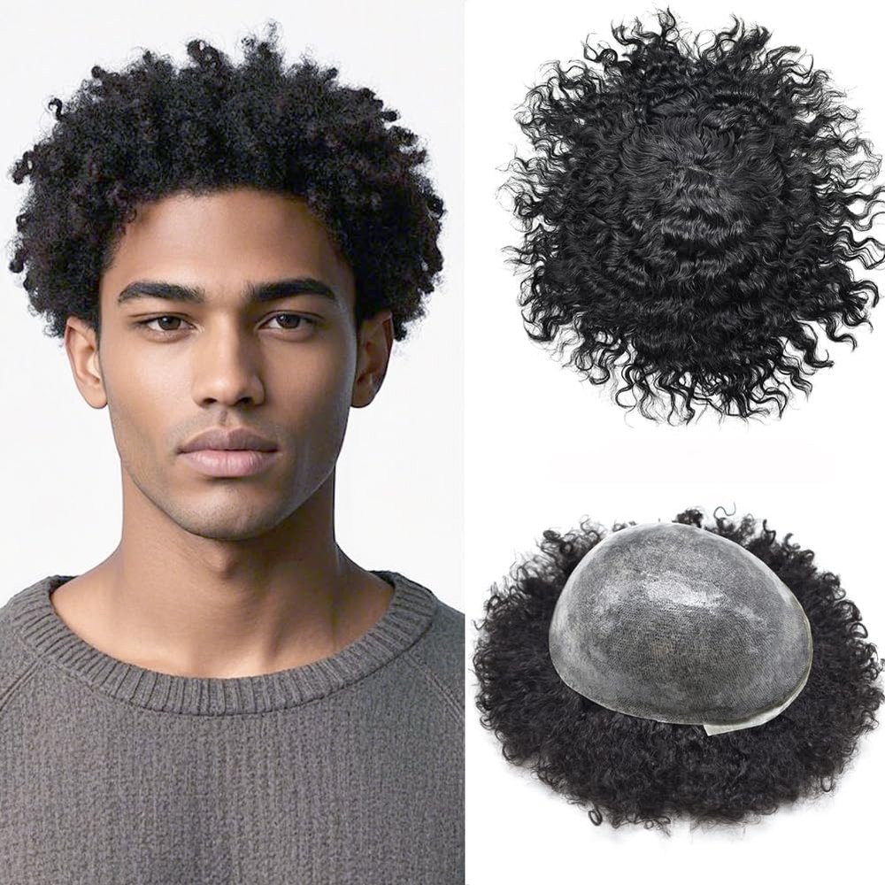 Afro Curly Toupee Hair Units for Black Men Brazilian Virgin Human Hair Pieces Full PU African American Afro Mens Toupee Hair System Man Weave Unit Black Men 8x10 1B# OFF BLACK-10mm wave