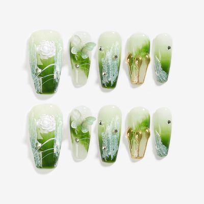 Handmade Press On Nail Medium Long Coffin Ballerina Green Flower Butterfly Fake Tip 3D Design Art Charms Cute with Storage Box 10 Pcs (009 S)