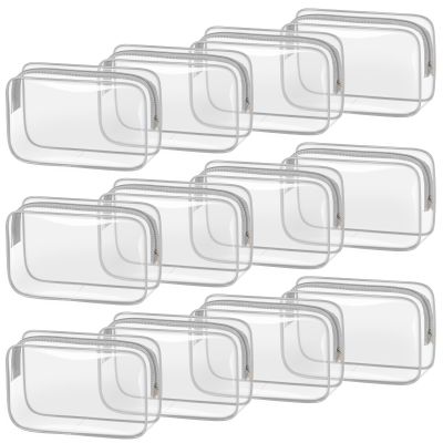 TISRATOK 12 PCS Clear Makeup Bag for Women with Zipper, TSA Approved Toiletry Pouch, Cosmetic Bag Bulk for Travel Organizer Essentials - Grey,Medium
