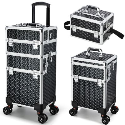 Professional Rolling Makeup Case, 3 in 1 Makeup Train Case, Cosmetology Case on Wheels, Large Makeup Trolley Salon Barber Traveling Trunk Suitcase for Makeup School Nail Tech Hairstylist MUA, Black