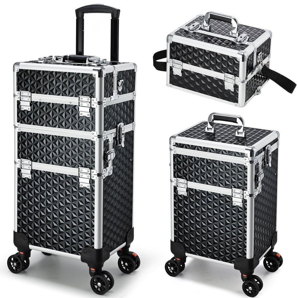 Professional Rolling Makeup Case, 3 in 1 Makeup Train Case, Cosmetology Case on Wheels, Large Makeup Trolley Salon Barber Traveling Trunk Suitcase for Makeup School Nail Tech Hairstylist MUA, Black