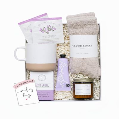 Unboxme Luxury Lavender Spa Gift Set  Relaxation Gift Basket & Care Package for Women with Candle, Bath Bomb, Soap, Cozy Socks, Mug & Tea  Get Well Soon, Sympathy, Birthday Self-Care Gift