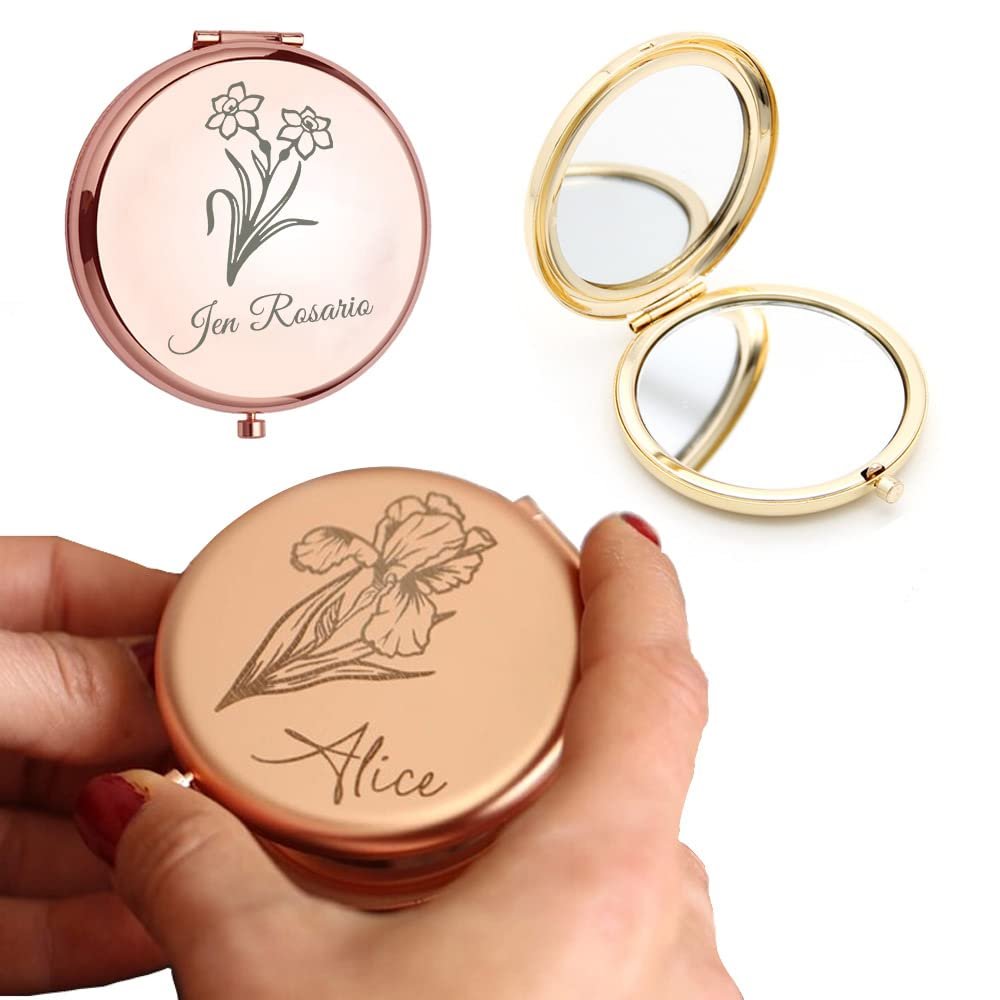 Personalized Birth Month Flower Theme Compact Mirror Custom Engraved Birthday Flower Gift Mirror for Girlfriend Mother Women,Wedding Favors Gifts for Bride Bridesmaid Bulk Travel Makeup Mirror
