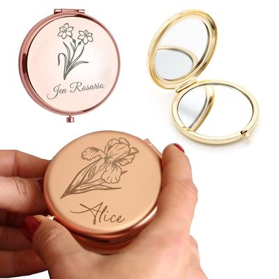 Personalized Birth Month Flower Theme Compact Mirror Custom Engraved Birthday Flower Gift Mirror for Girlfriend Mother Women,Wedding Favors Gifts for Bride Bridesmaid Bulk Travel Makeup Mirror