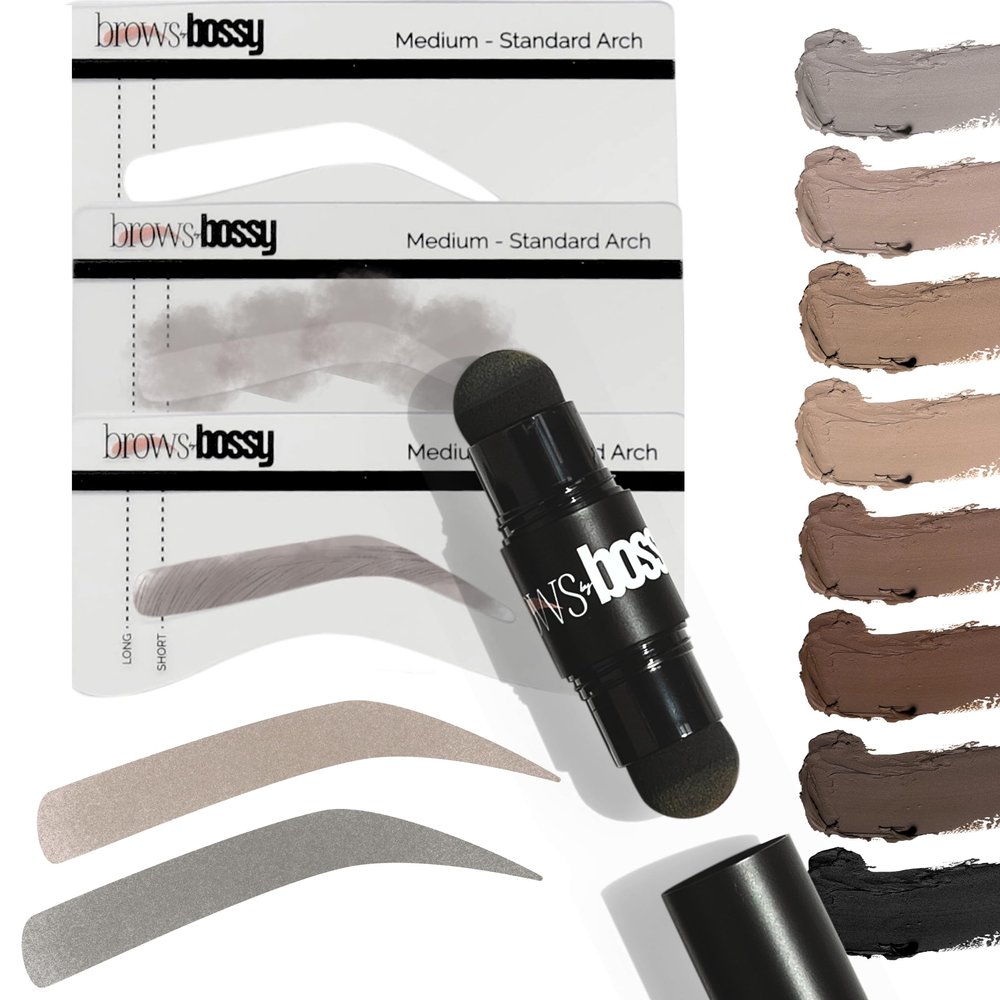 Brows by Bossy Dual-Color Eyebrow Stamp Stencil Kit with 9 Reusable Eyebrow Stencils for Professional Brow Stamping Shaping Kit and Instant Long Lasting Filling and Waterproof Tinting Definer