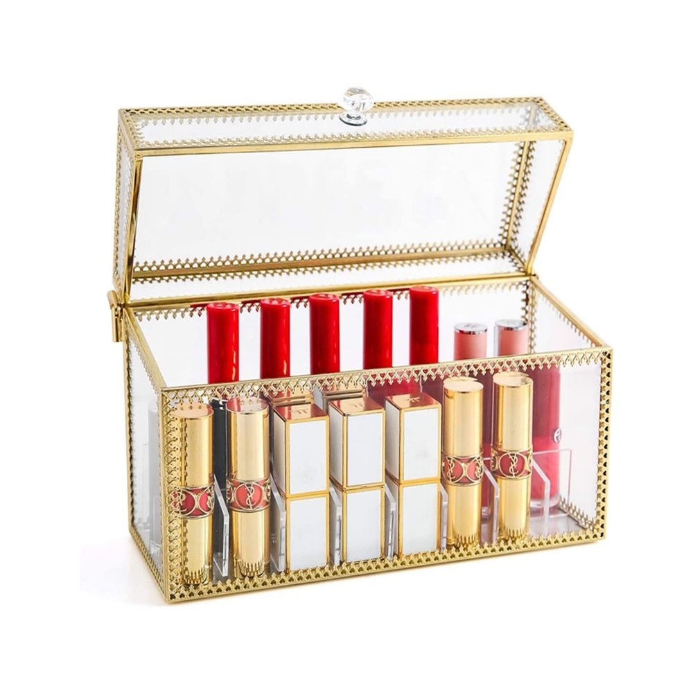 GUIPAIHAI 24 Slots Lipstick Storage Organizer Glass & Brass Lipstick Holder with Lid Lip Box Transparent Lip Display Case