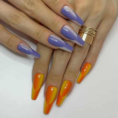 Redykat 24PCS Glossy Coffin Press On Nails, Salon Quality Nail art, Extra Long Acrylic Fake Nails, False Nails, Home Quick Manicure (Purple&Orange Vertical Ombre)