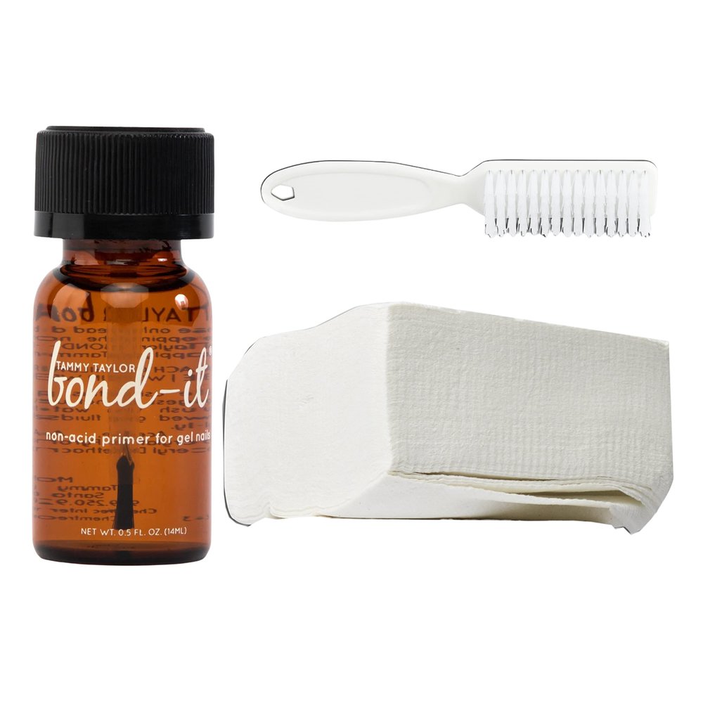 Tammy Taylor Bond It Acrylic Nail Primer Pro Kit | Acid Free Bond-It + Towelettes (100pk) + Long Lasting 180g Washable Zebra File (Big) + Plastic Manicure Brush