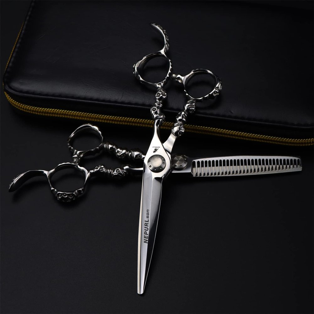 6.0 Inch Hair Cutting Scissors Set, Professional Shears Cutting &Thinning Scissors Kit, 440C Japanese Stainless Steel, with Free Black Leather Case, Retro Style, for Men/Women/Kids/Salon and Home