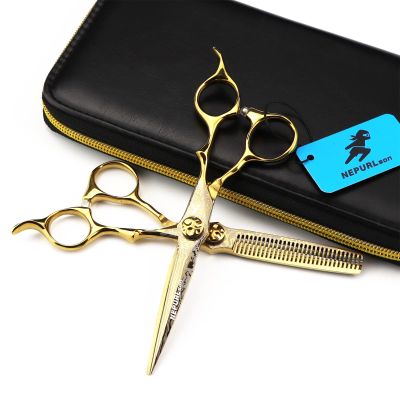 6.0 Inch Hair Cutting Scissors Set, High End Shears Cutting and Thinning Scissors Kit, Japanese Stainless Steel, with Free Black Leather Case, for Men/Women/Kids/Salon and Home(Gold)