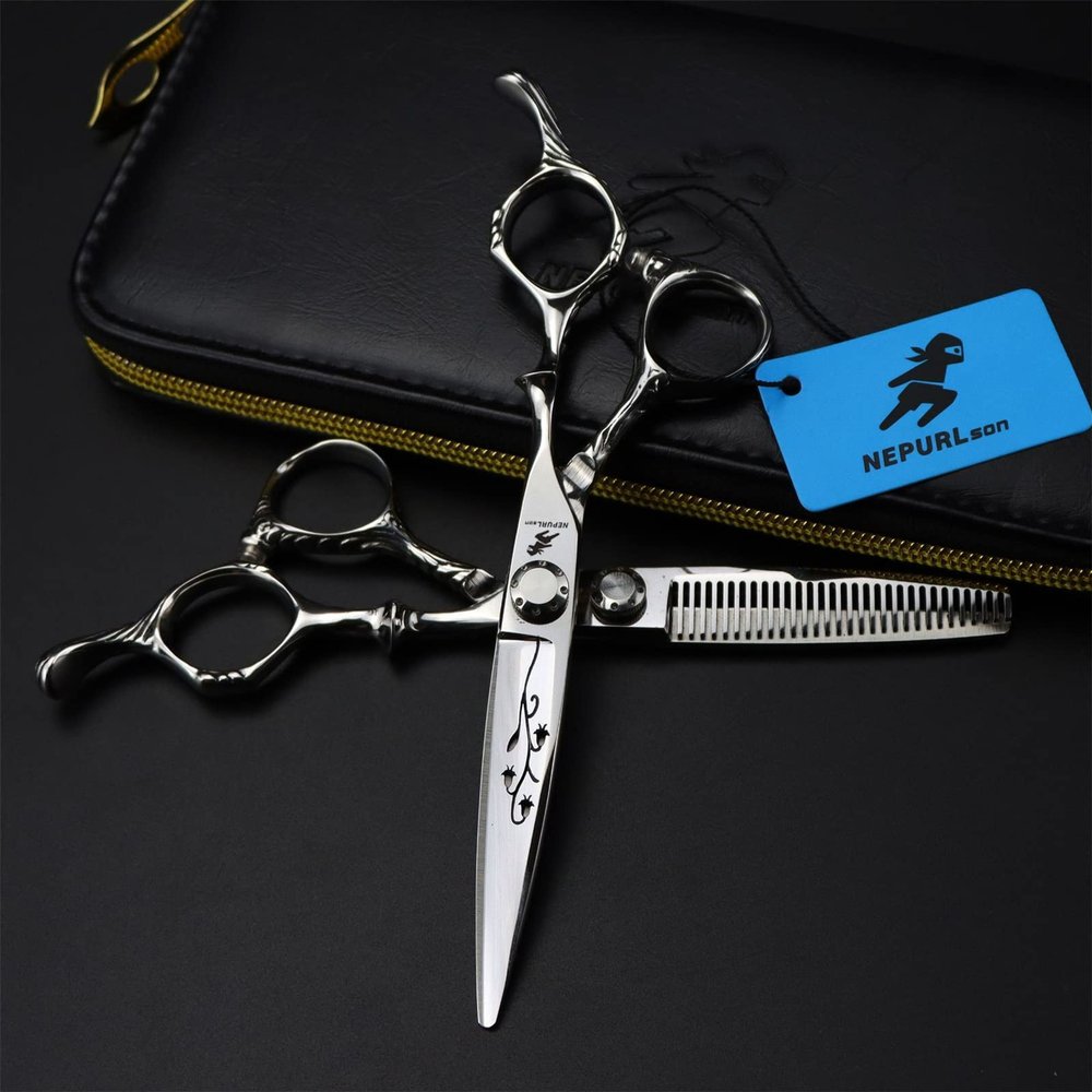 6.0 Inch Hair Cutting Scissors Set, High End Shears Cutting and Thinning Scissors Kit, Japanese Stainless Steel, with Free Black Leather Case, Knife Head Carving, for Men/Women/Kids/Salon and Home