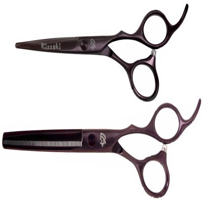 Kissaki Hair Scissors Black Cherry Titanium Futasuji 5.5 inches Hair Cutting Shears and Ishizuki 60 Tooth Blending Thinning Shears Matching Combo