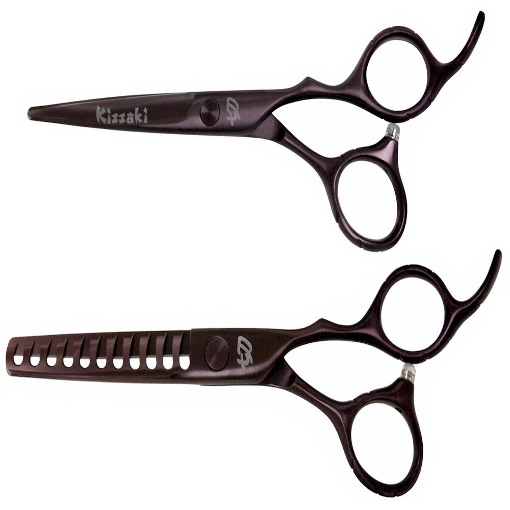 Kissaki Hair Scissors Black Cherry Titanium Futasuji 5.5 inches Hair Cutting Shears and Ishizuki 11 Tooth Chunker Thinning Shears Matching Combo