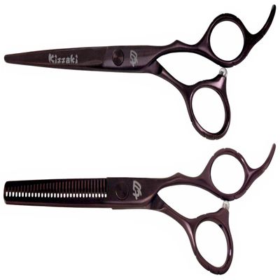Kissaki Hair Scissors Black Cherry Titanium Futasuji 6.0 inches Hair Cutting Shears and Ishizuki 32 Tooth Thinning Shears Matching Combo