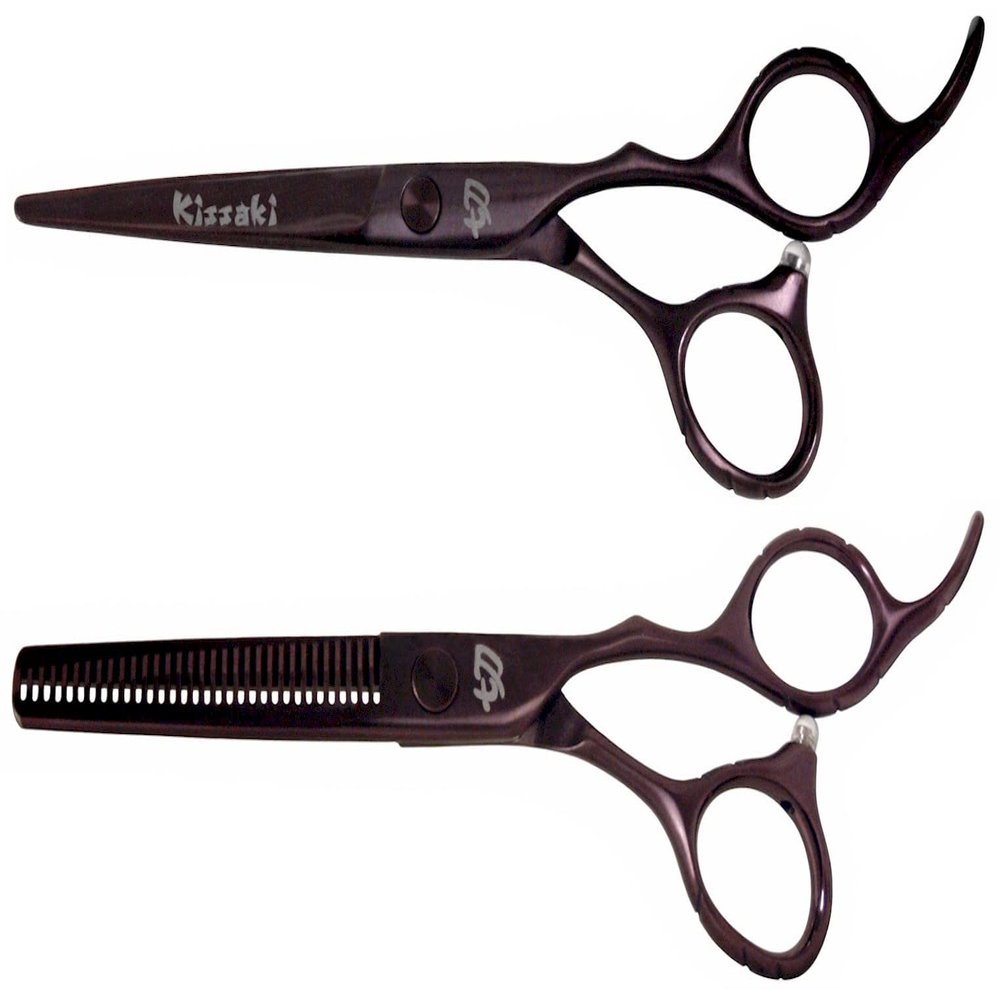 Kissaki Hair Scissors Black Cherry Titanium Futasuji 6.0 inches Hair Cutting Shears and Ishizuki 32 Tooth Thinning Shears Matching Combo