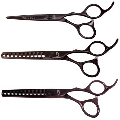 Kissaki Hair Scissors 3 Shears Matching Black Cherry Titanium Combo Futasuji 5.5 inches Hair Cutting Scissors and Ishizuki 11 Tooth Chunker Texturing Shears and Ishizuki 32 Tooth Thinning Shears
